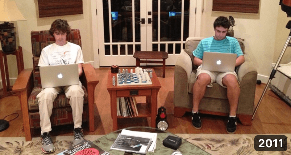 Josh (right) and Noah (left) in his parent's living room taking the photo for our first 'About us' page in 2011
